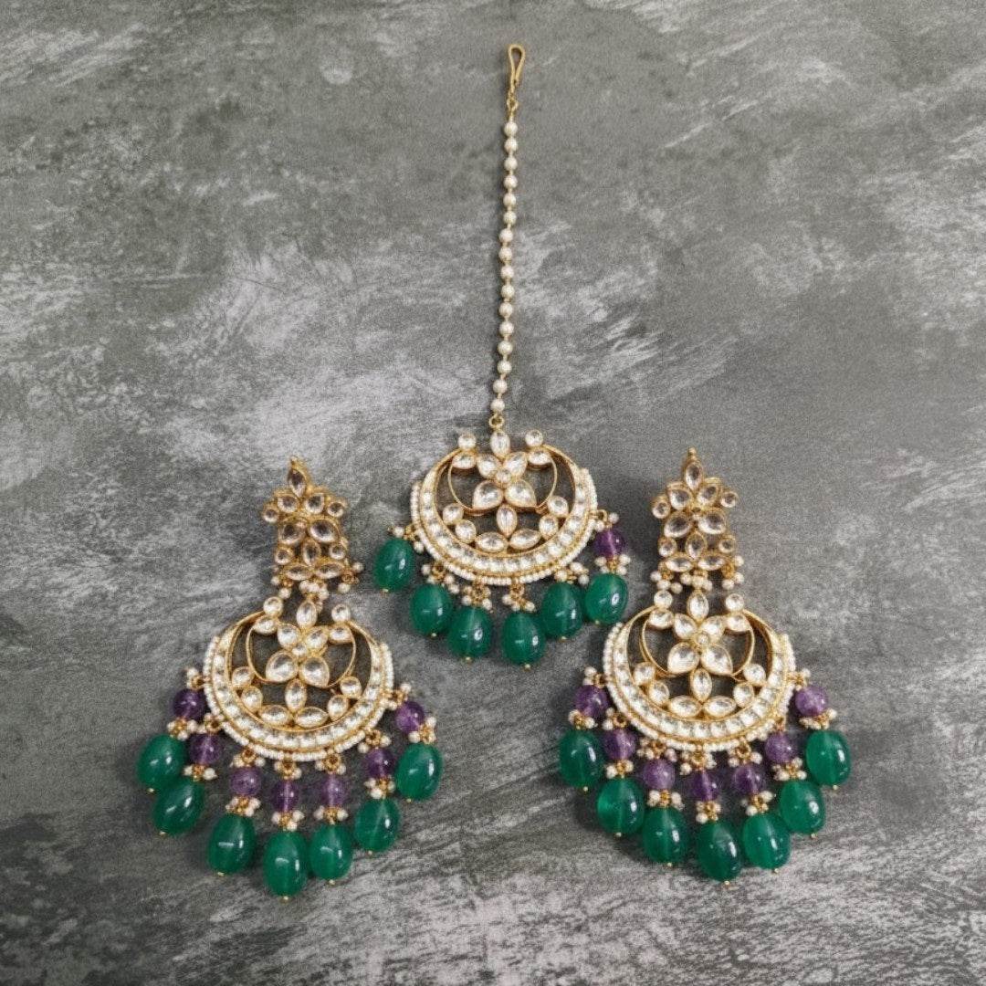 Traditional Kundan Choker Necklace Set with Green & Purple Beads - Auraa Trends