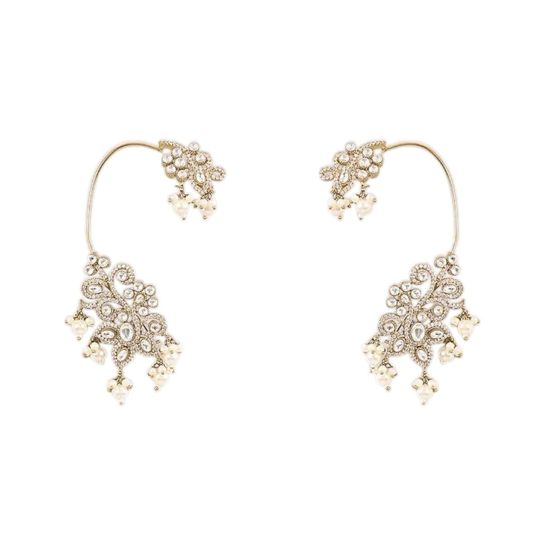 Gold-plated crystal and pearl statement earrings with floral design and dangling pearl accents for weddings and party wear.