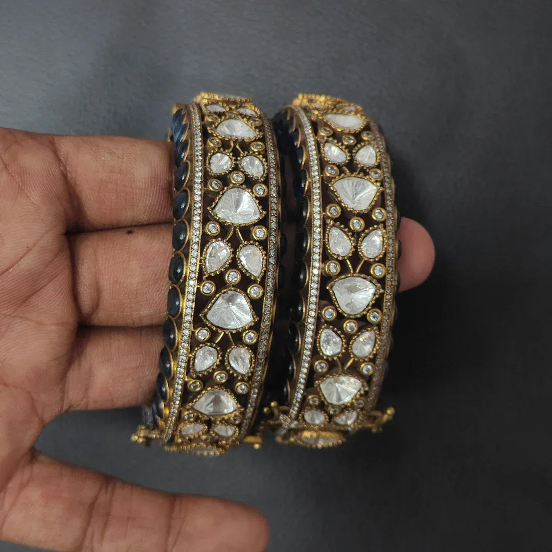 Black & White Kundan Studded Gold Plated Bridal Bangles - Auraa Trends