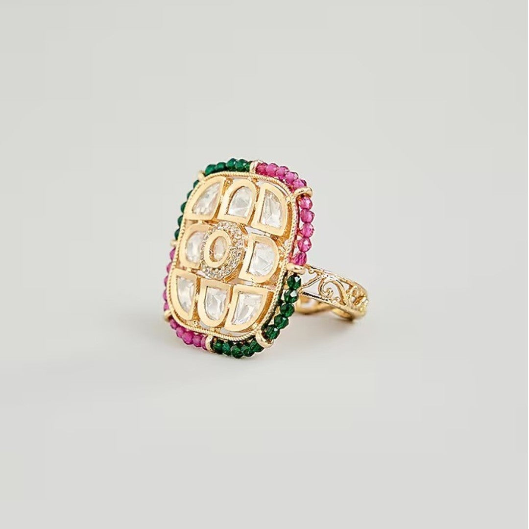 Traditional Kundan Polki Statement Ring with Ruby & Emerald Stones