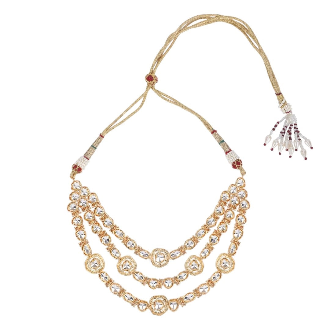 "Bridal Kundan Polki Necklace Set with Earrings – Gold Plated 3 Layer Raani Haar Jewelry"