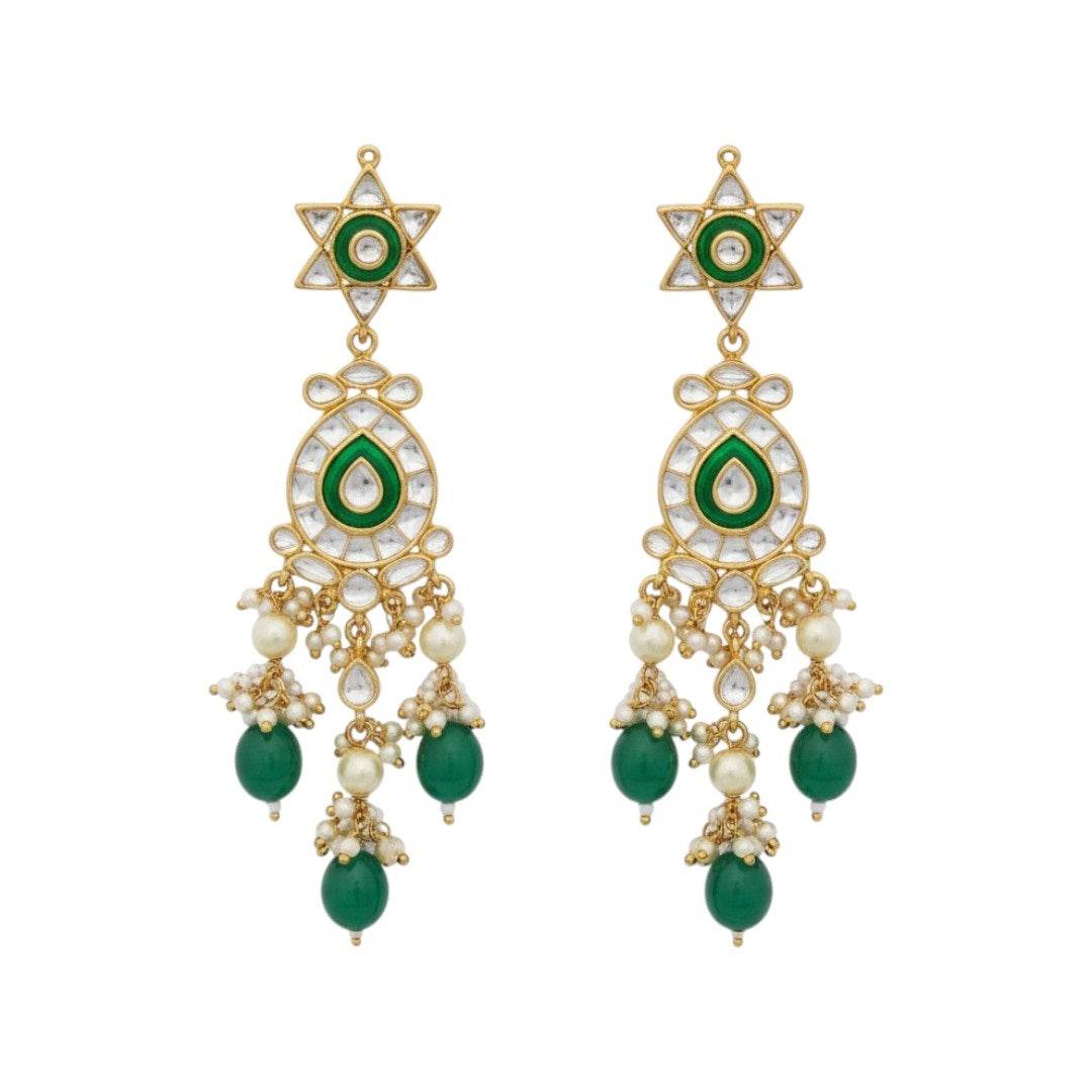 Gold-Plated Kundan Choker Necklace Set with Green Beads & Pearl Drops - Auraa Trends