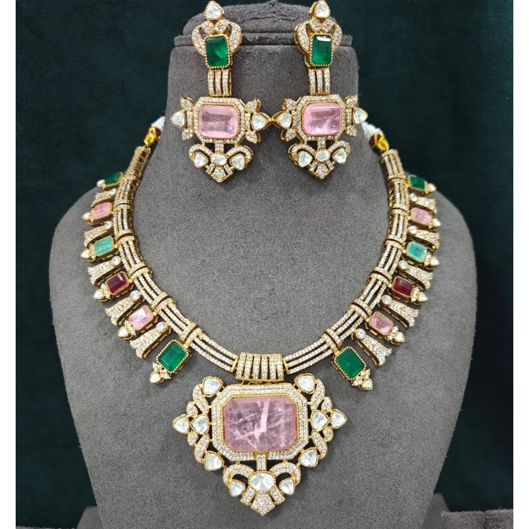 Multicolor tourmaline style necklace set with matching earrings in gold plating by Auraa Trends