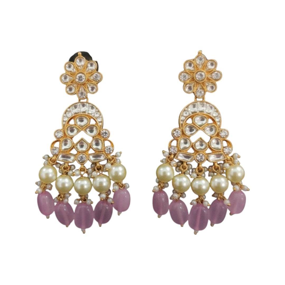 Kundan Pearl Bridal Necklace Set with Pink Beads & Maang Tikka - Auraa Trends