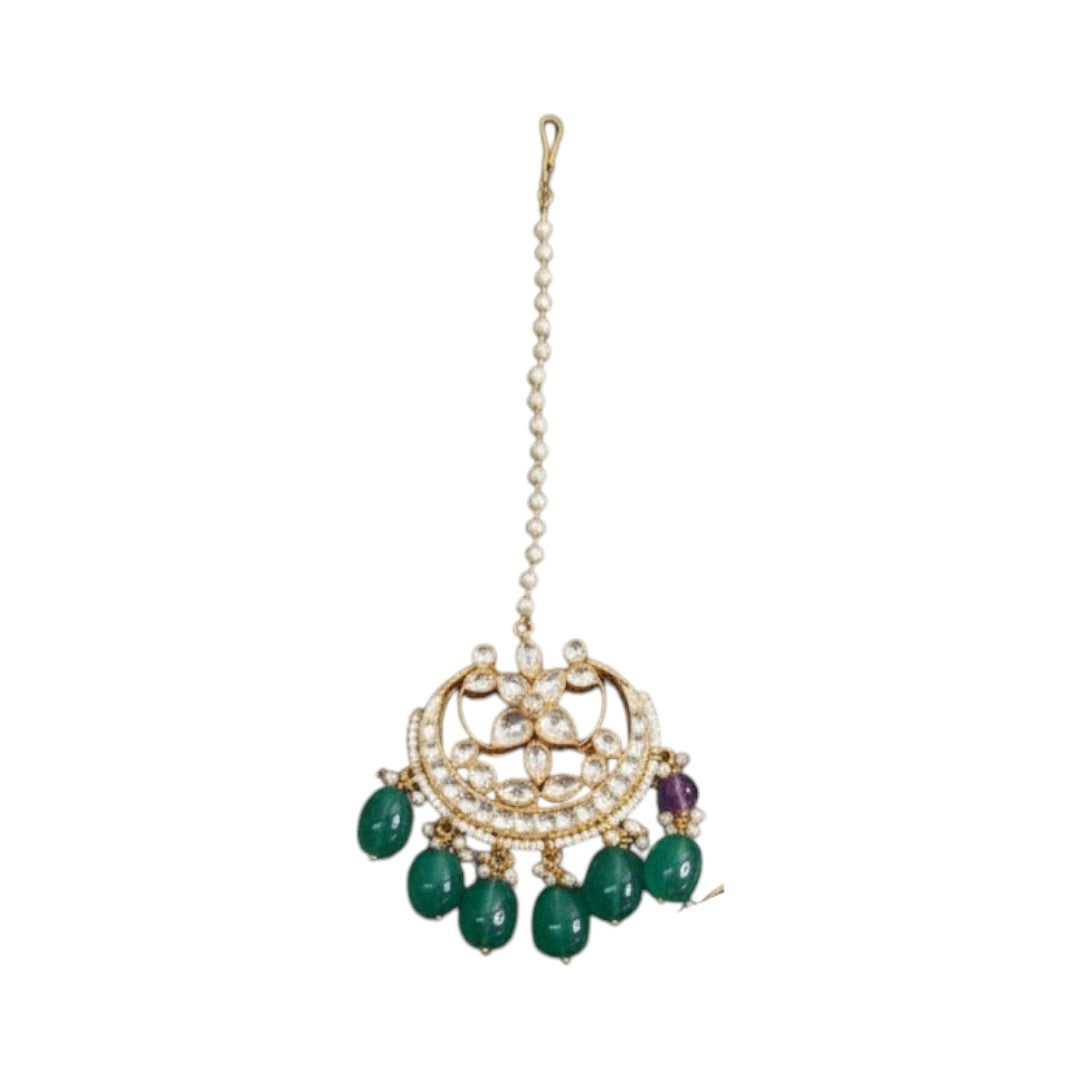 Traditional Kundan Choker Necklace Set with Green & Purple Beads