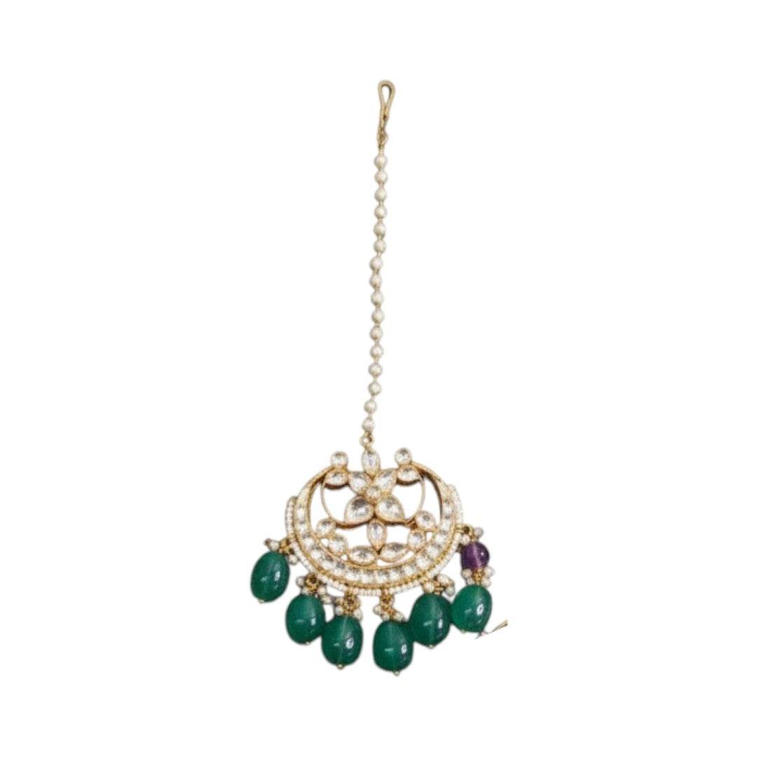 Traditional Kundan Choker Necklace Set with Green & Purple Beads - Auraa Trends