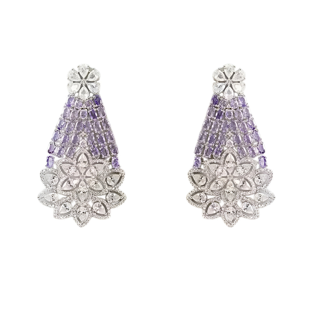 Luxury lavender crystal statement choker necklace set with floral zircon detailing and matching earrings for women.