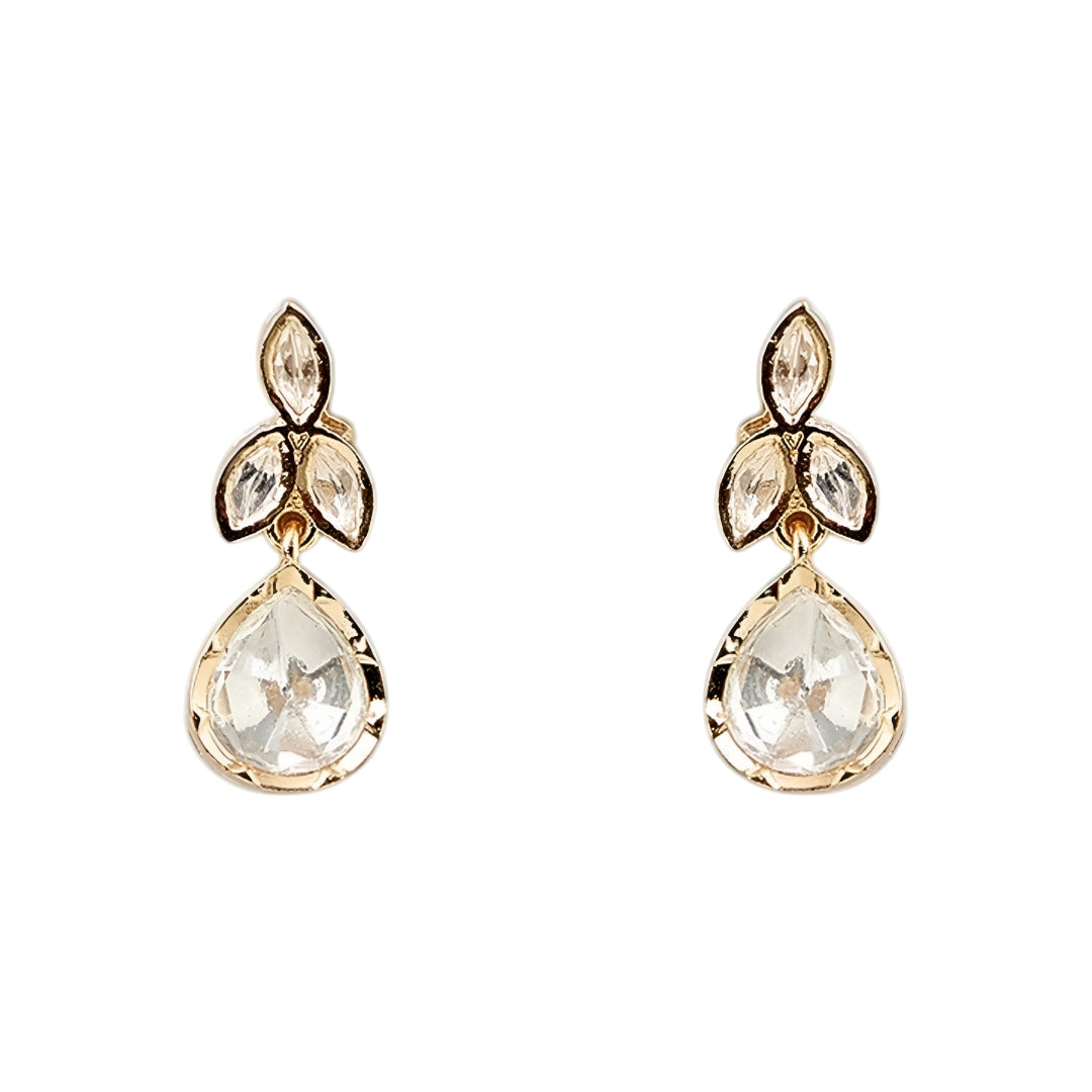 Gold-toned leaf design pendant necklace set with teardrop crystal pendant and matching drop earrings on a white background.