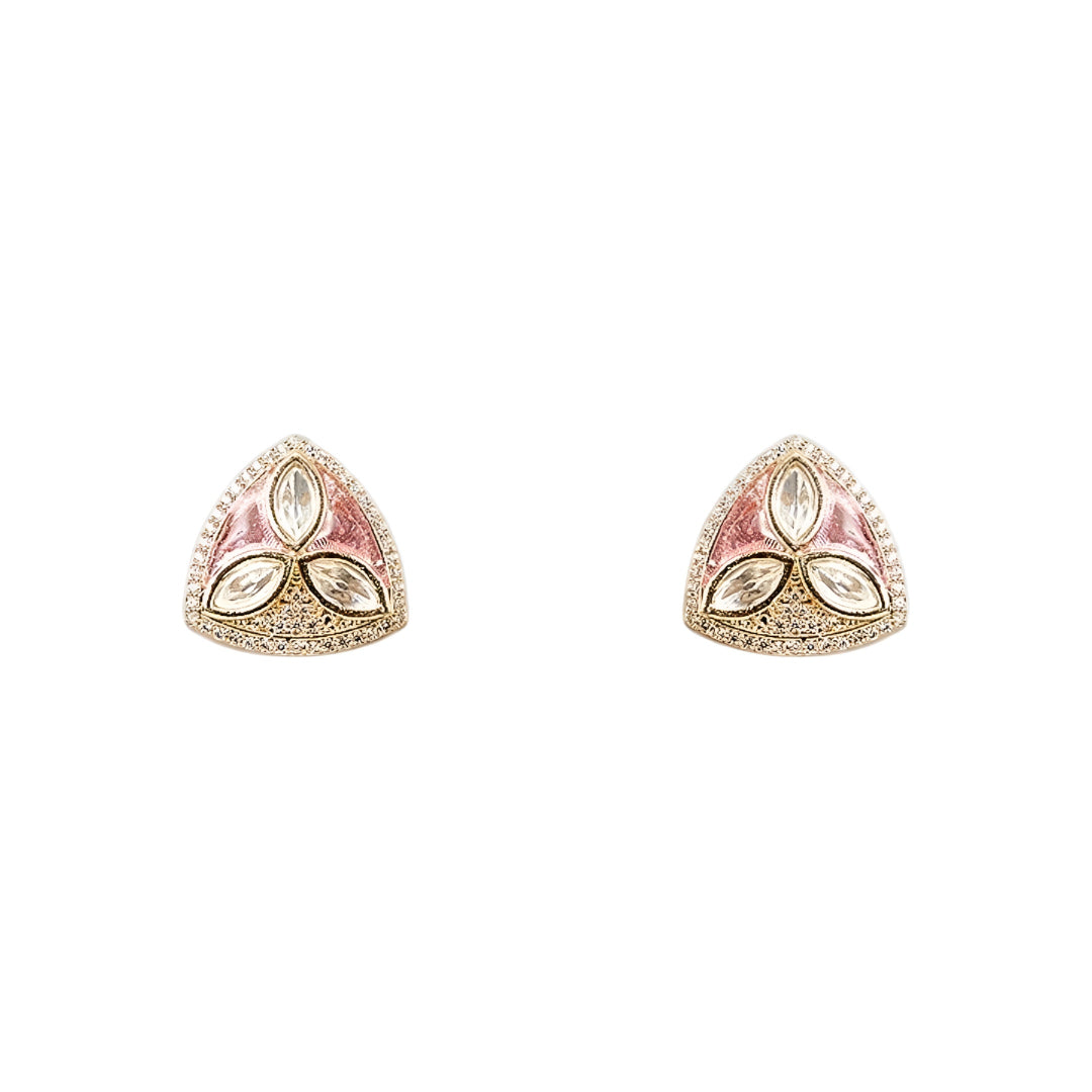 Gold-plated pink stone pendant necklace set with matching stud earrings featuring marquise-cut crystals and elegant enamel detailing.