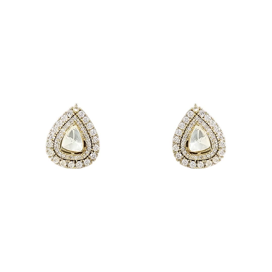 Multi-strand pearl choker necklace featuring a teardrop Kundan pendant with matching stud earrings on a white background.