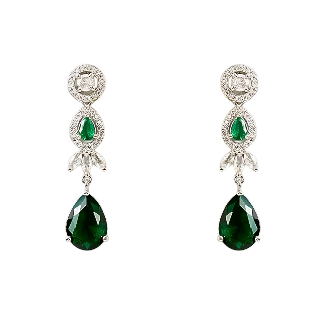 Silver-tone choker necklace and earrings set featuring sparkling clear crystals and emerald green teardrop stones in an elegant bridal jewelry design.
