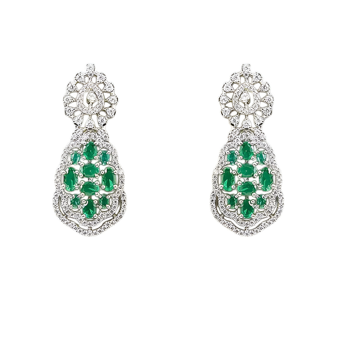 Silver-toned emerald green crystal choker necklace set featuring sparkling stone detailing and matching statement drop earrings on a white background.