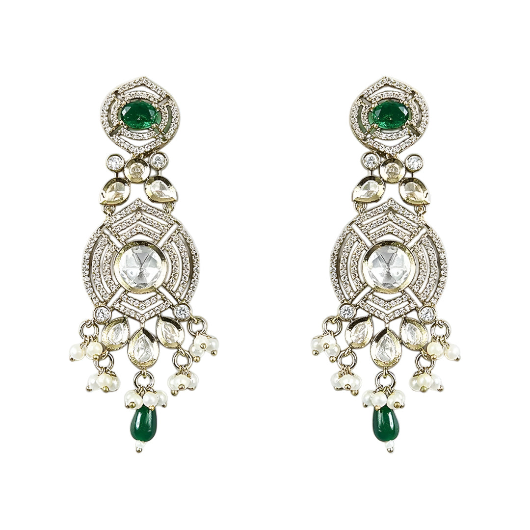 Emerald green stone Kundan bridal choker necklace set with crystal detailing and matching long earrings