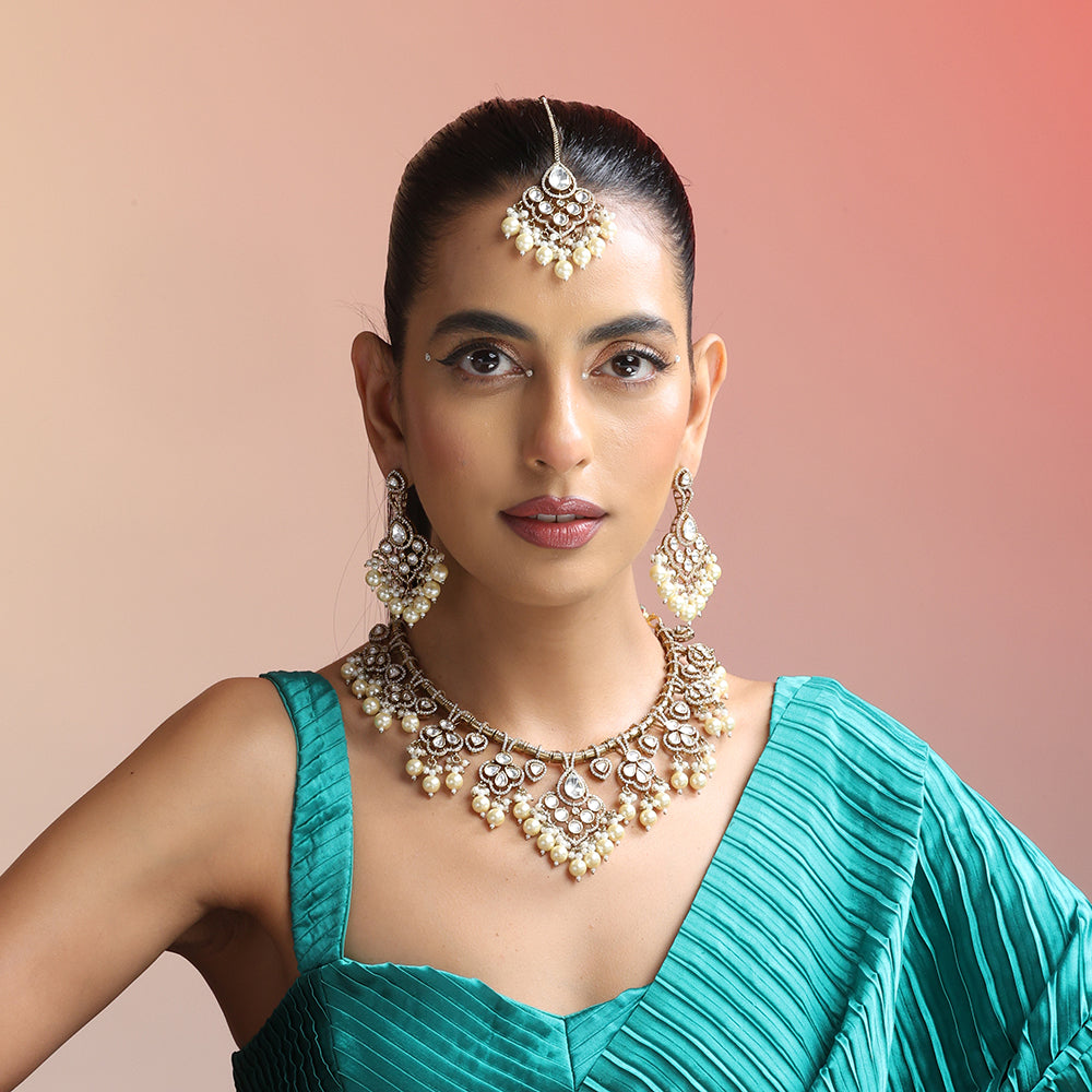 Royal Pearl Kundan Necklace Set – Traditional Elegance with Grand Chandbaali Vibes