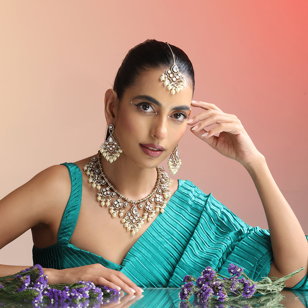 Royal Pearl Kundan Necklace Set – Traditional Elegance with Grand Chandbaali Vibes