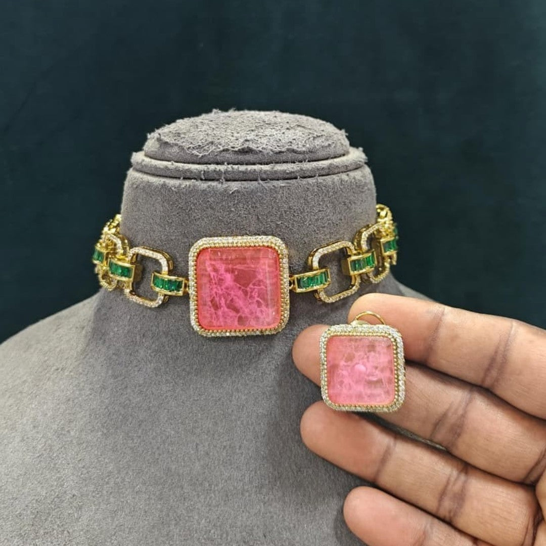 Gold Plated Square Pendant Choker Set