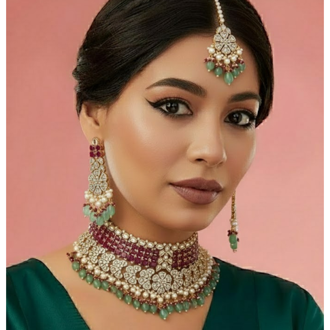 "Bridal Kundan choker necklace set with green beads, pearls, and matching earrings and maang tikka – traditional Indian jewelry for women"