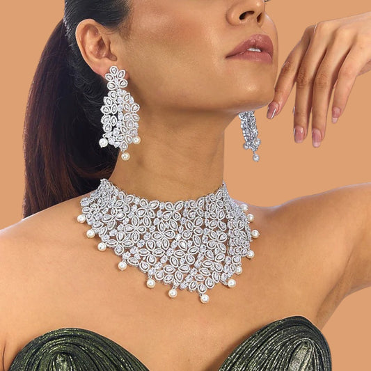 Diamond and pearl choker necklace set with silver plating and floral design – bridal jewelry set for women