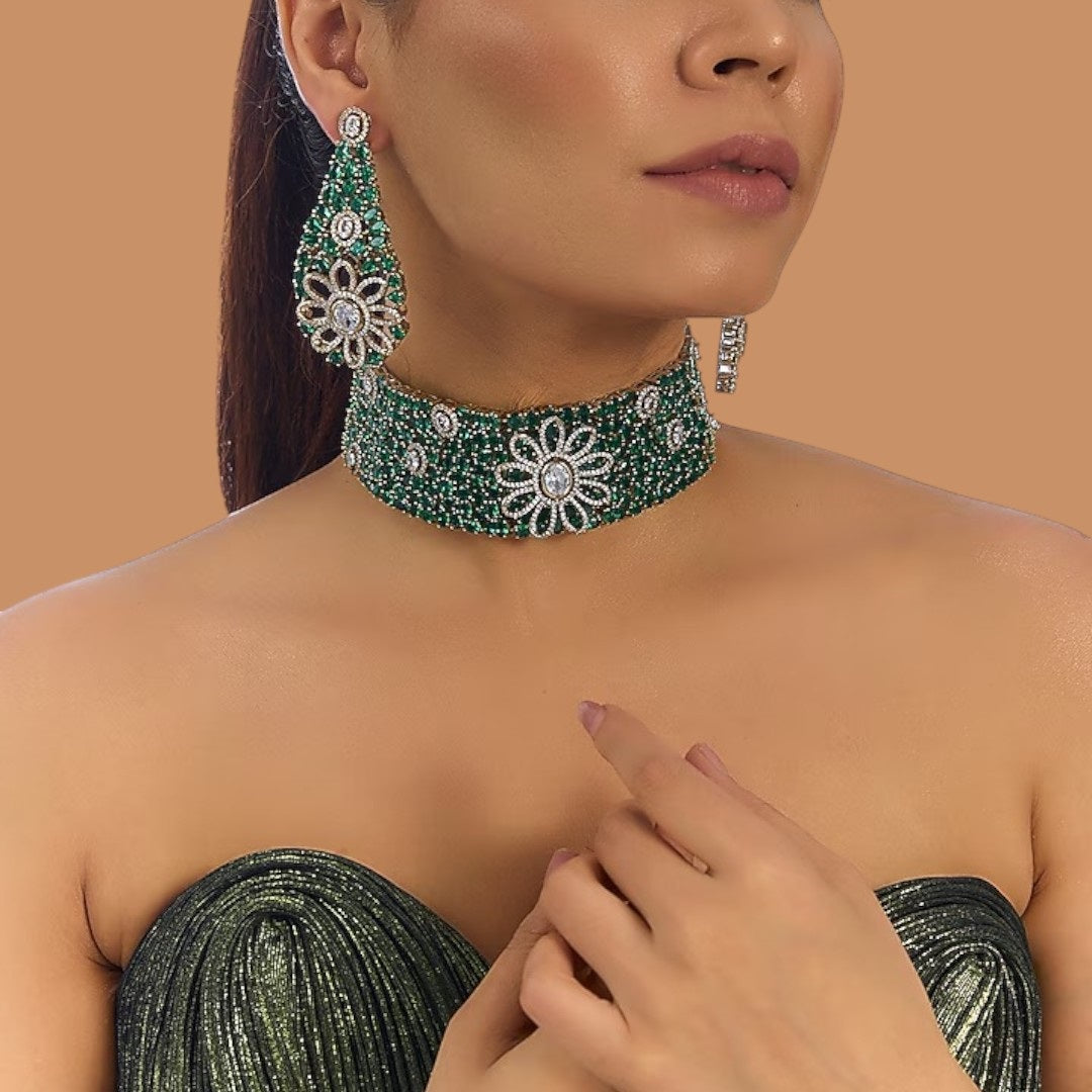 Green Kundan and CZ Stone Floral Choker Necklace Set with Matching Earrings for Women