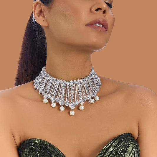 Silver-plated bridal choker necklace with cubic zirconia stones and pearl drops, elegant ethnic jewelry for women