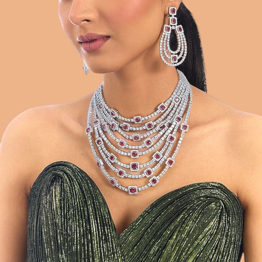 “Luxury multi-layer ruby and diamond choker necklace set with matching earrings for women”