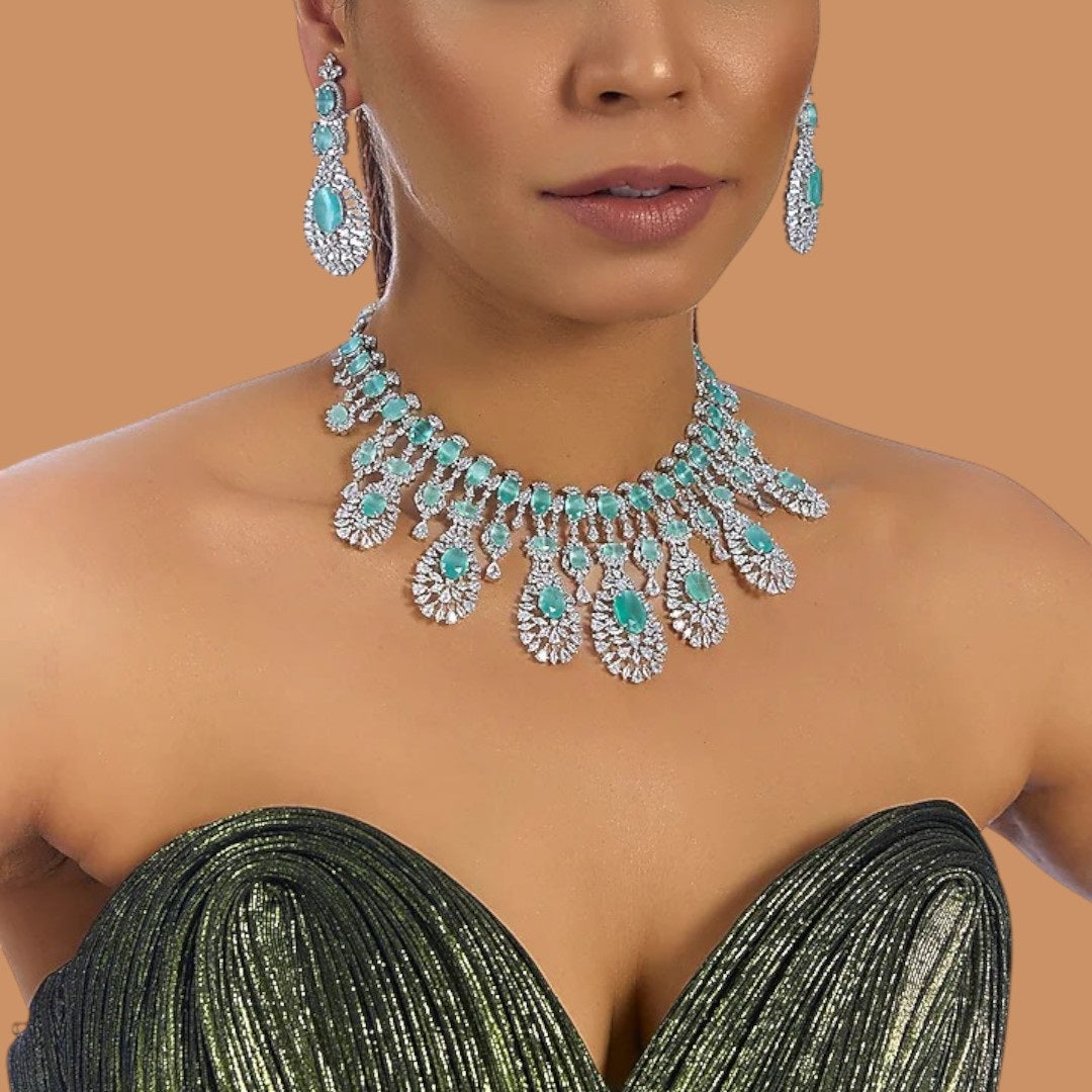 Silver-plated choker necklace set with mint green oval stones and CZ diamonds, featuring matching drop earrings for women