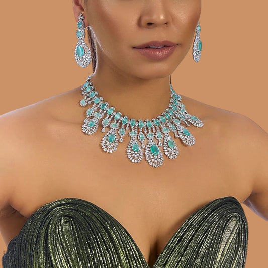 Silver-plated choker necklace set with mint green oval stones and CZ diamonds, featuring matching drop earrings for women