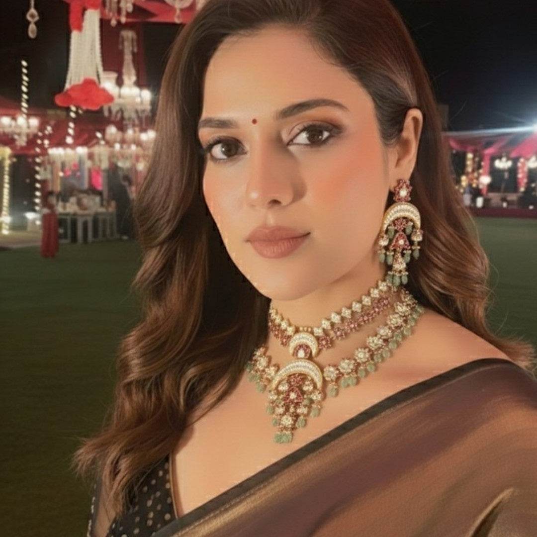 Bridal Kundan Polki Necklace Set with Earrings - Auraa Trends