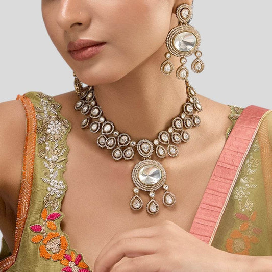 Gold-Toned Kundan Polki Bridal Necklace Set with Matching Earrings - Auraa Trends