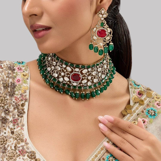 Traditional Green & Red Kundan Choker Necklace Set for Women - Auraa Trends
