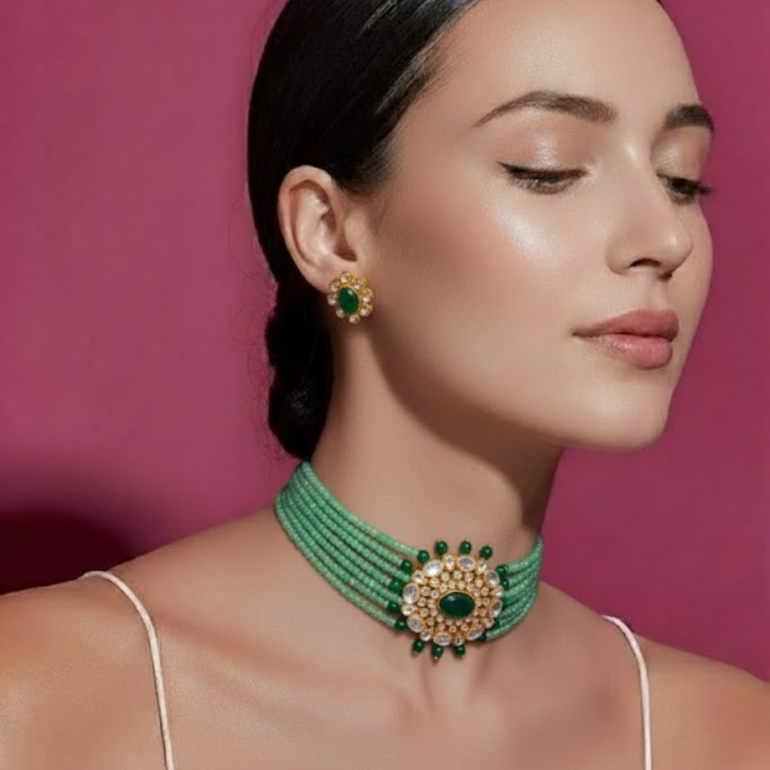 Green Beaded Kundan Choker Necklace Set with Matching Stud Earrings for Women