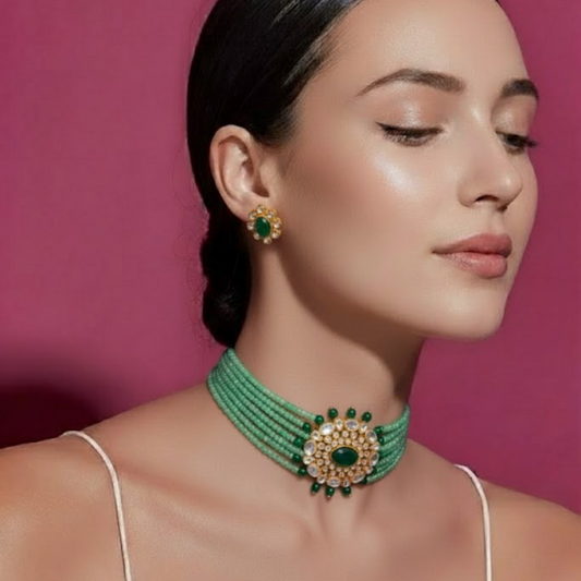 Green Beaded Kundan Choker Necklace Set with Matching Stud Earrings for Women