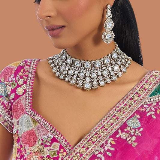 “Traditional gold kundan choker necklace set with matching long earrings for women”