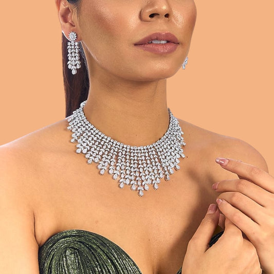 Luxury silver-plated diamond choker necklace set with matching long earrings