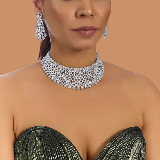 “Elegant silver diamond look choker necklace set with matching long earrings for women”