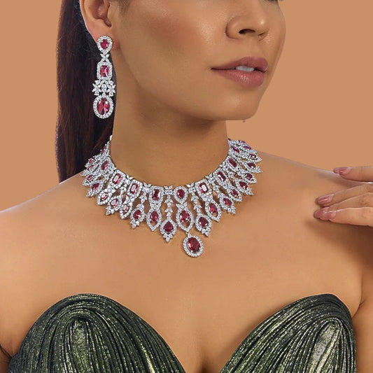 Silver-plated choker necklace set with ruby red stones and cubic zirconia diamonds, paired with matching long drop earrings for women