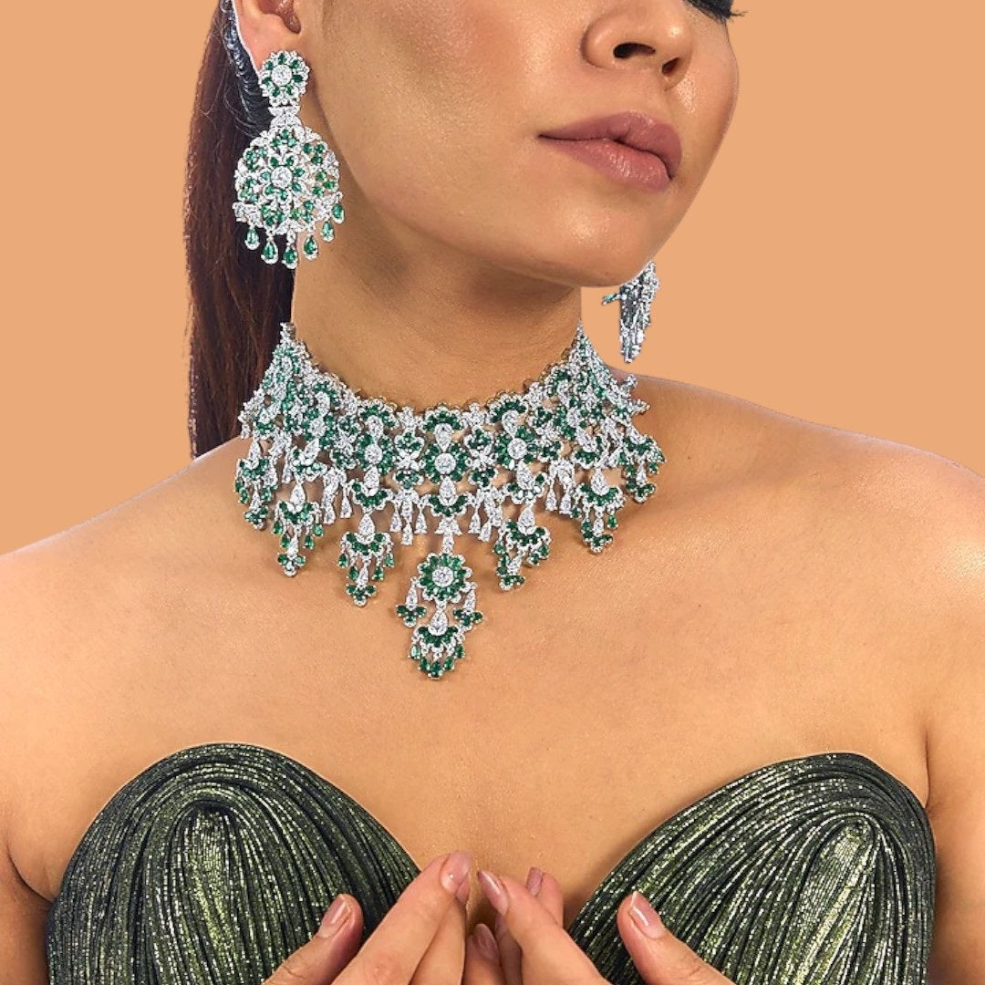 Luxury silver plated choker necklace set with emerald green stones and matching earrings