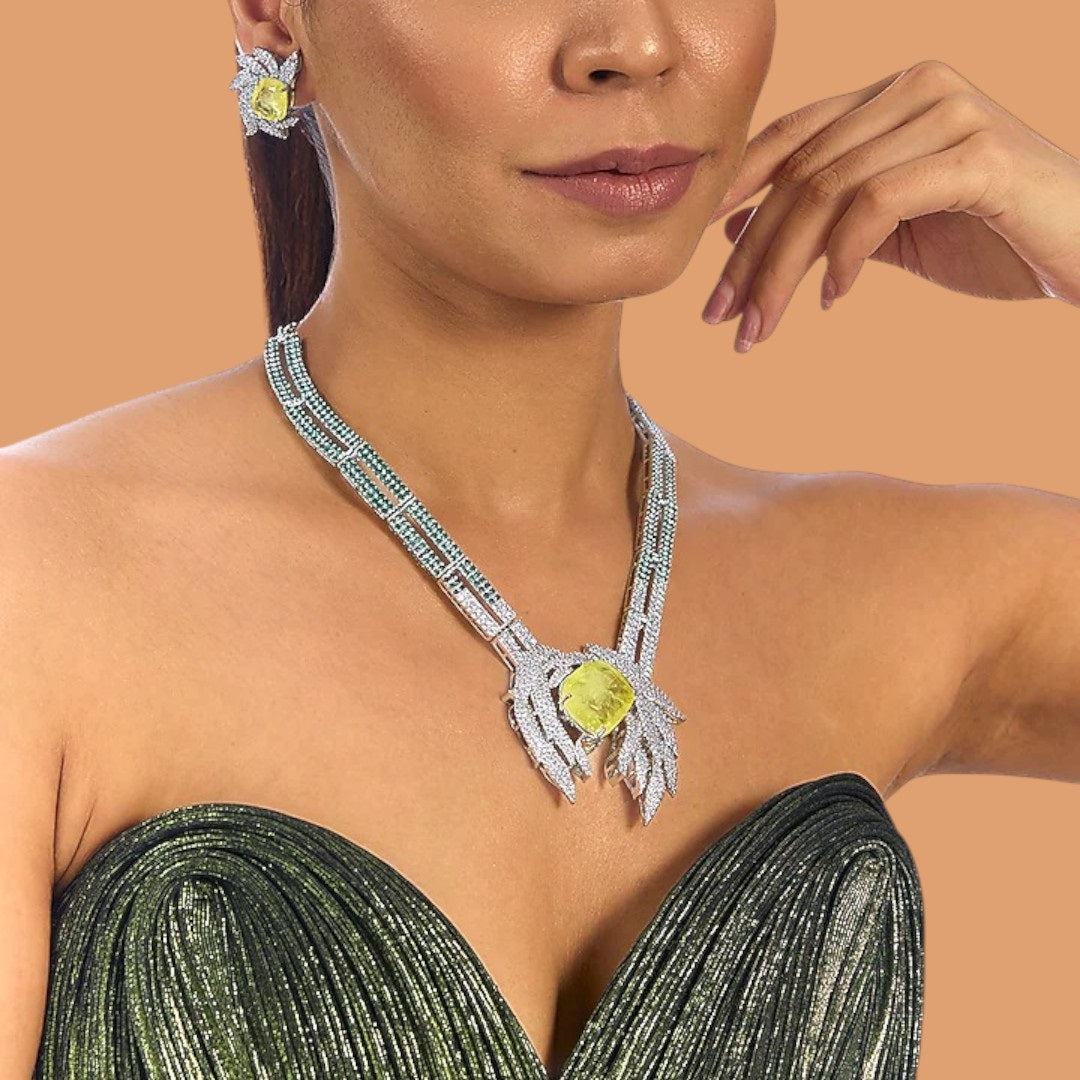 Luxury silver plated necklace set with yellow gemstone and matching earrings