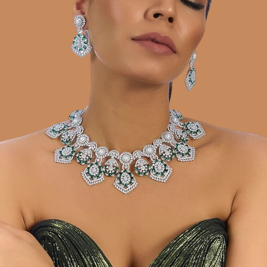 Silver and Green CZ Stone-Plated Designer Necklace Set with Matching Earrings for Women