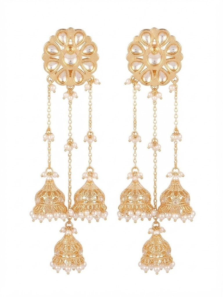 Triple Layer Pearl Tassel Gold-Plated Jhumka