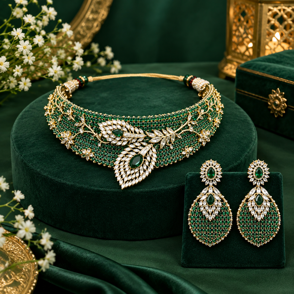 Emerald green American diamond wide choker necklace set with white zircon leaf motif and matching teardrop pavé earrings