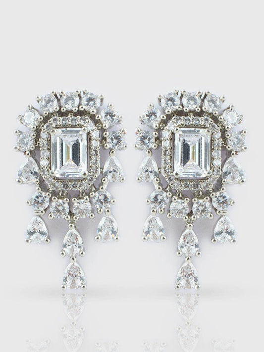 Alluring Rhodium Plated American Diamond Stud Earrings - Auraa Trends