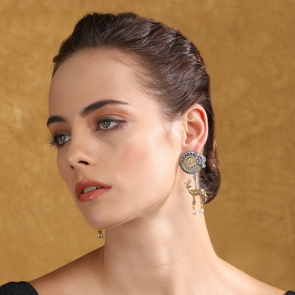 Antique Dual - Tone Deer Dangle Earrings - Auraa Trends - Dangle - Trends - Antique Dual - Tone Deer Dangle Earrings