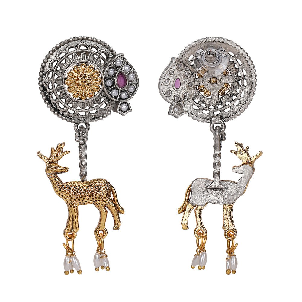 Antique Dual - Tone Deer Dangle Earrings - Auraa Trends - Dangle - Auraa Trends - Antique Dual - Tone Deer Dangle Earrings