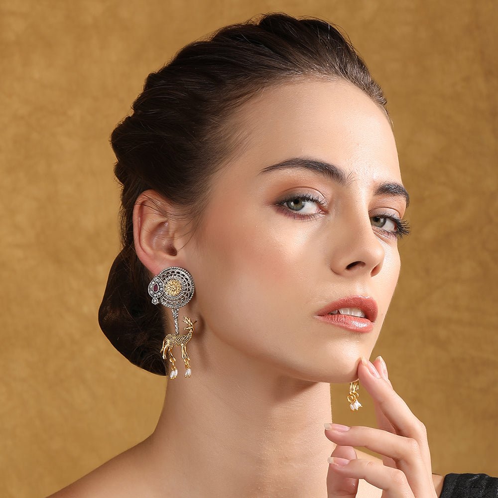 Antique Dual - Tone Deer Dangle Earrings - Auraa Trends - Dangle - Trends - Antique Dual - Tone Deer Dangle Earrings