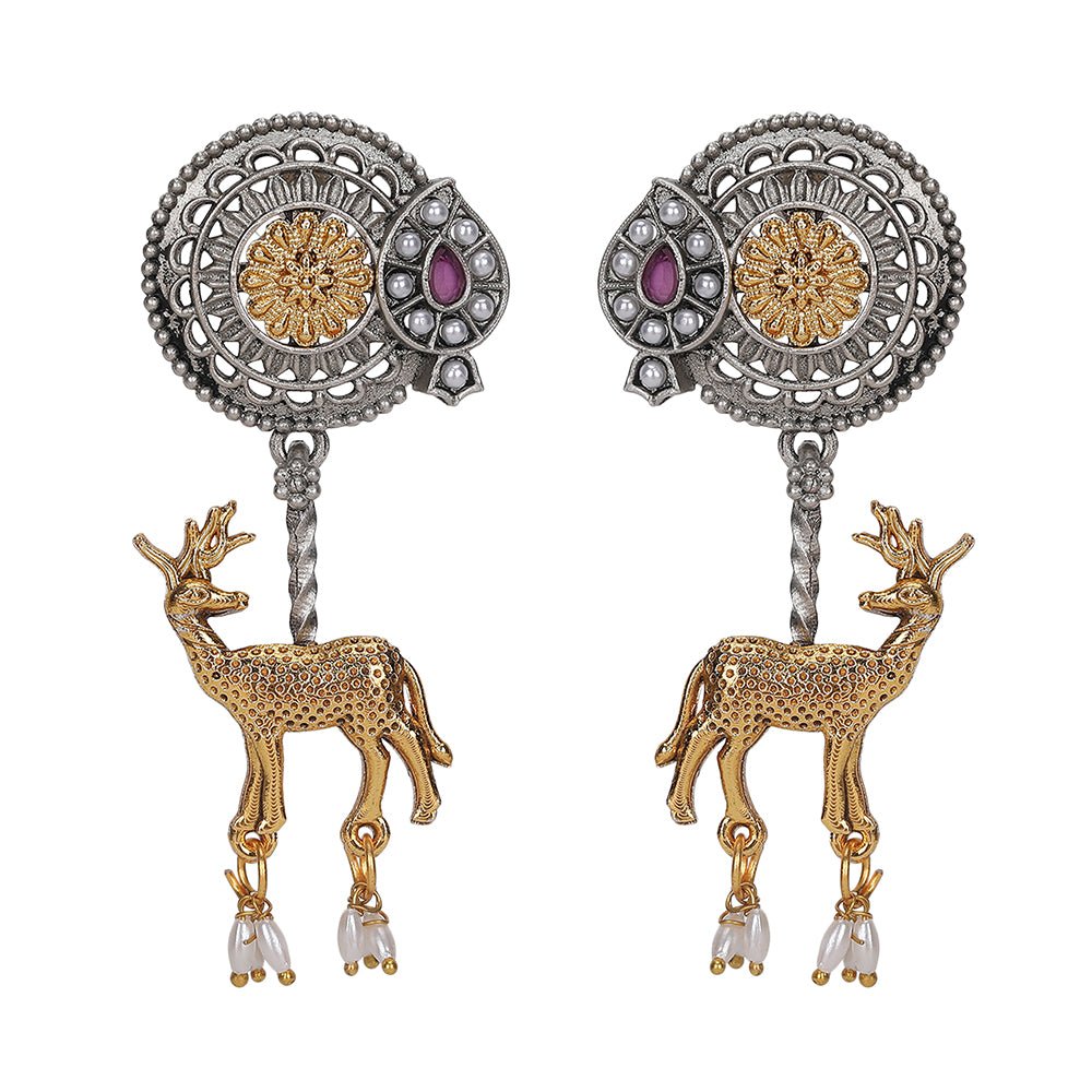 Antique Dual - Tone Deer Dangle Earrings - Auraa Trends - Dangle - Auraa Trends - Antique Dual - Tone Deer Dangle Earrings