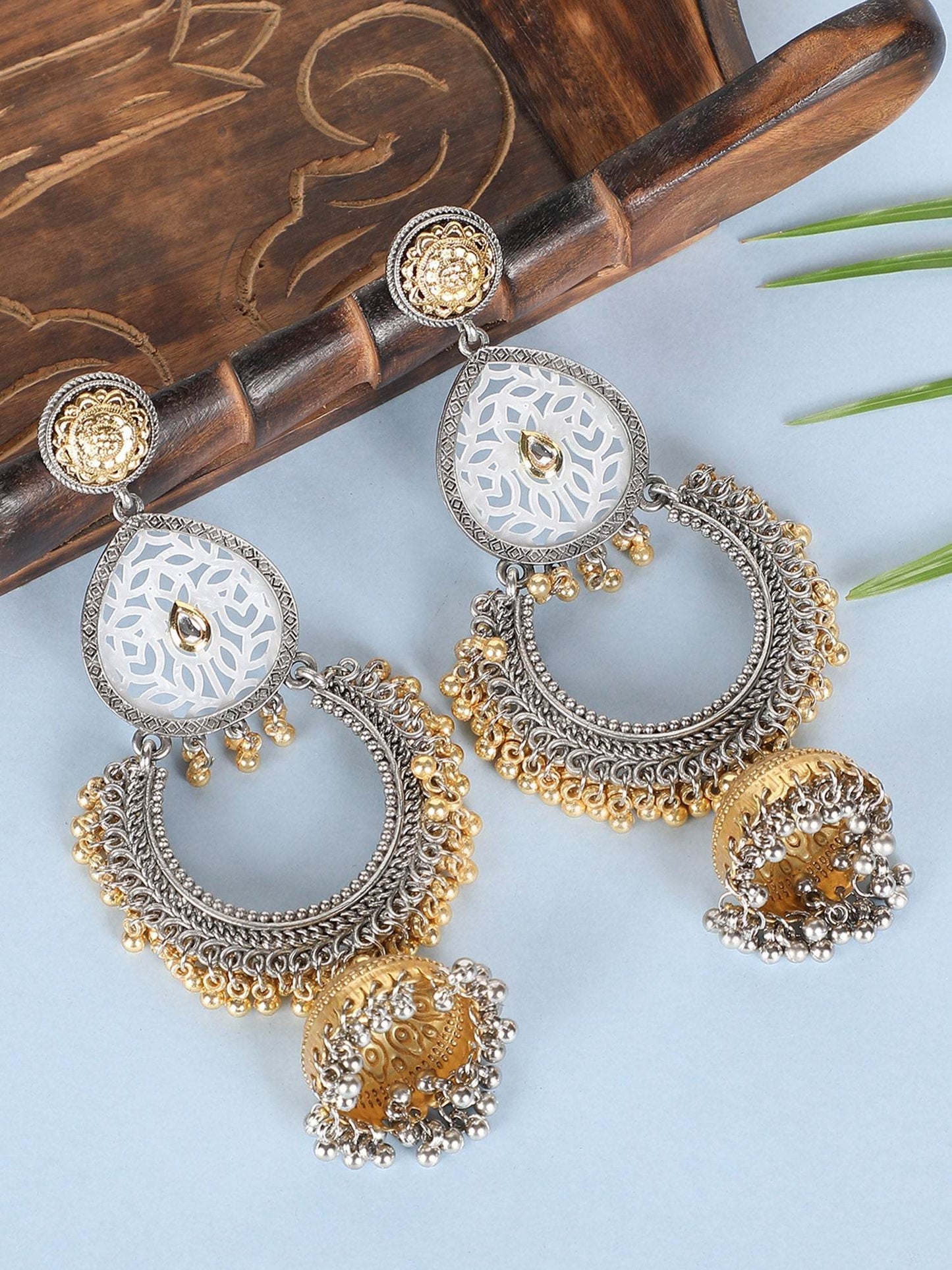 Antique Dual-Tone Oxidized Silver Gold Temple Jhumka Earringshttps://app.tiny-img.com/app/seo/optimize/products?page=92 - Auraa Trends