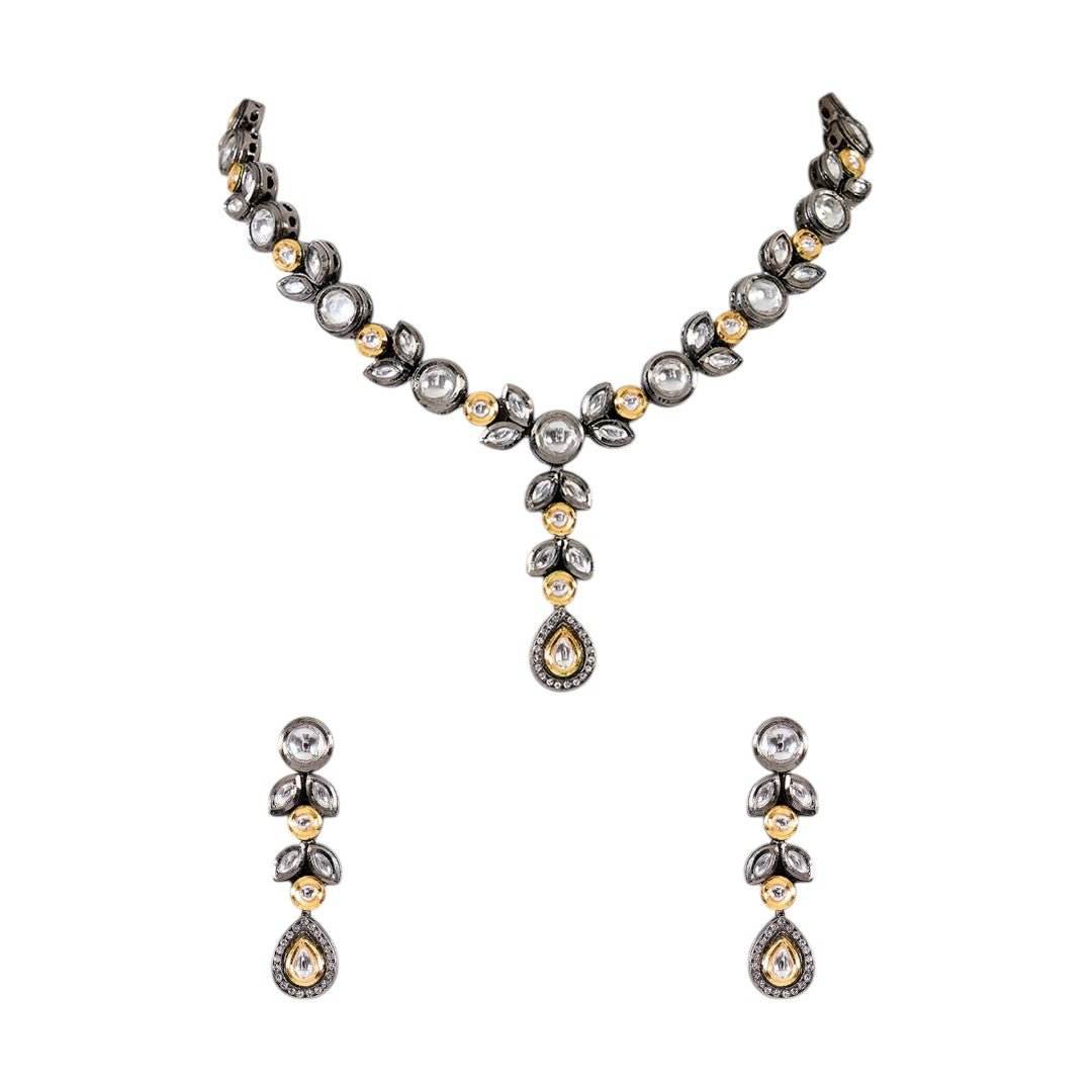Antique Finish Kundan Necklace Set with Pear-Shaped Drop Pendant Earrings - Auraa Trends