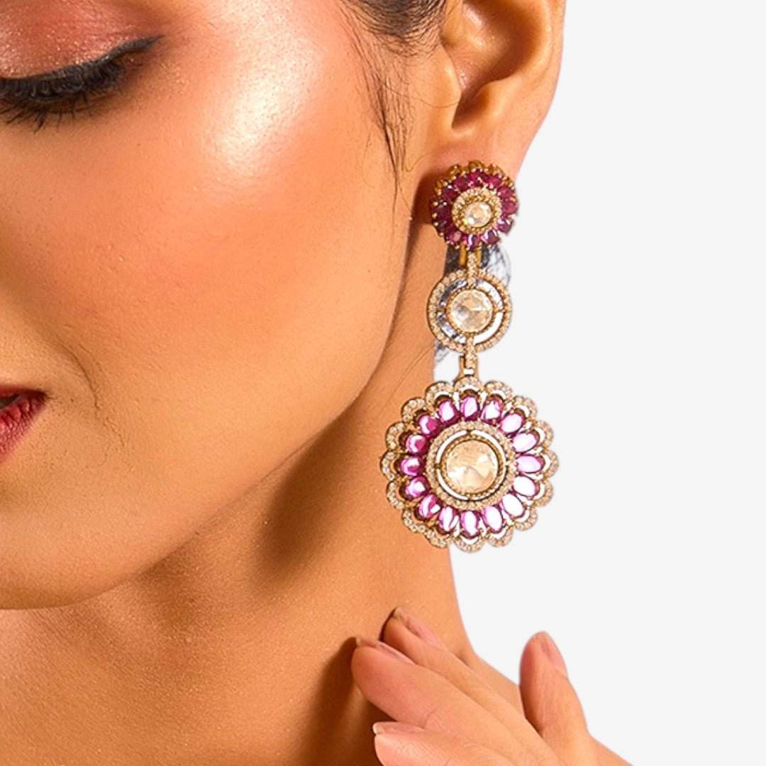 Antique Gold and Pink Enamel Floral Statement Earrings - Auraa Trends