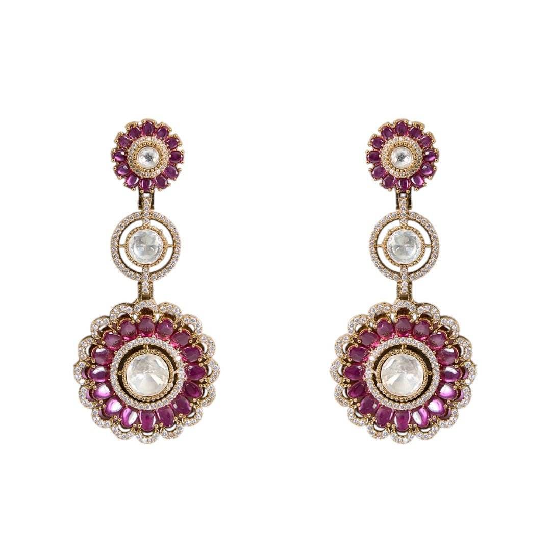 Antique Gold and Pink Enamel Floral Statement Earrings - Auraa Trends